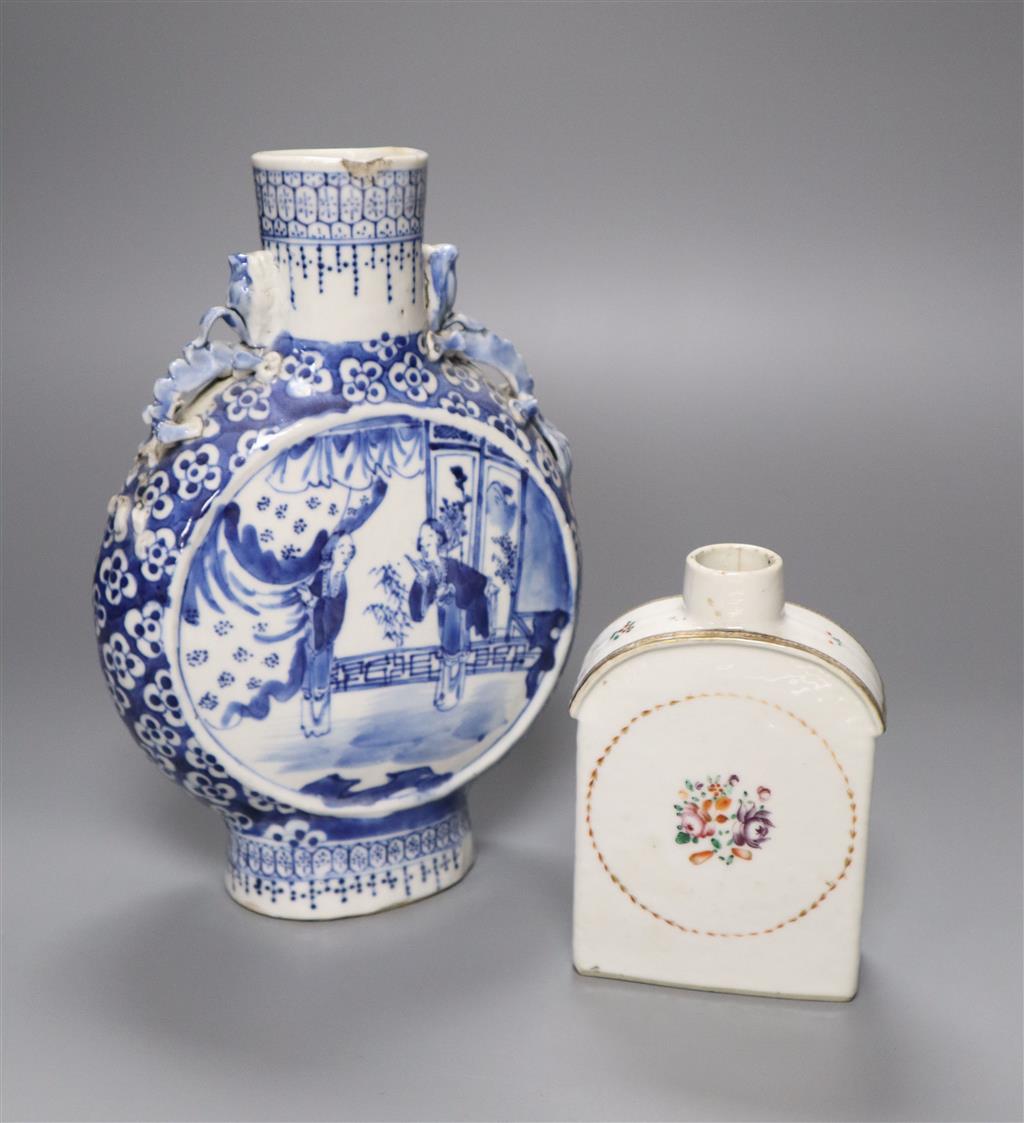 A 19th century Chinese blue and white moon flask, 22cm and a A Chinese famille rose tea canister and